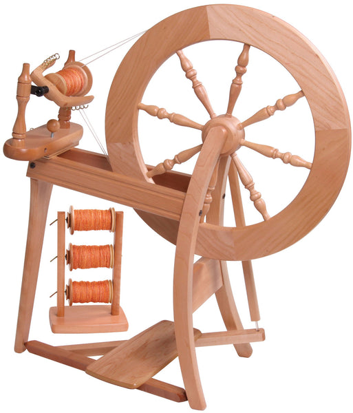 Ashford Traditional double treadle spinning wheel, showing the fitted treadle system