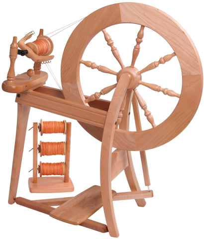 Ashford Traditional double treadle spinning wheel, showing the fitted treadle system