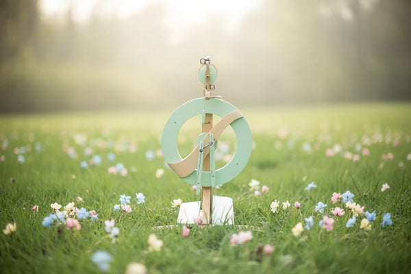 Green and brown wooden spinning wheel on a white background