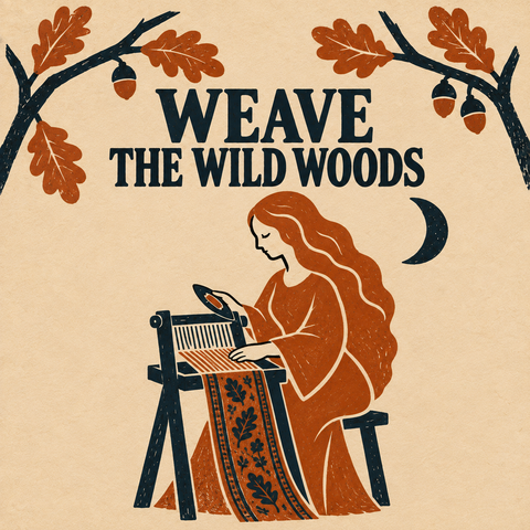 Rustic illustrated poster with the text 'WEAVE THE WILD WOODS' above a woman weaving at a loom, with oak branches and acorns framing the top on a warm beige background.