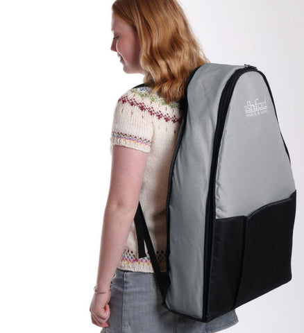 Ashford Joy 2 padded spinning wheel carry bag worn as a backpack