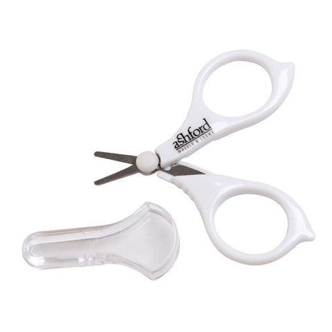 Ashford mini scissors with white handles and protective cover