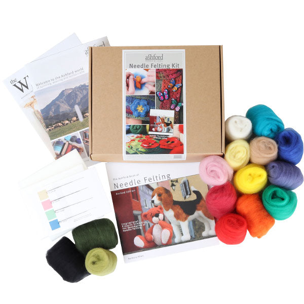 Ashford needle felting kit with colourful fibre, needles, foam and book