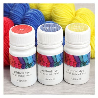 Ashford protein dye primary colour kit with red sapphire and bright yellow