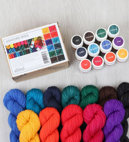 Ashford protein dye pots with vivid dyed wool colour samples