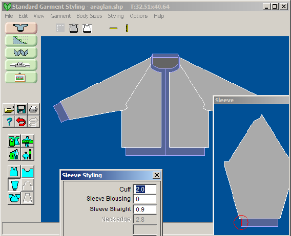 DesignaKnit 9 Garment Styling screen with raglan jacket and sleeve shaping