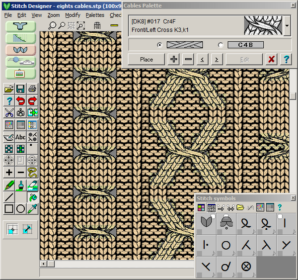 DesignaKnit 9 Stitch Designer showing a cable pattern and knitting symbols