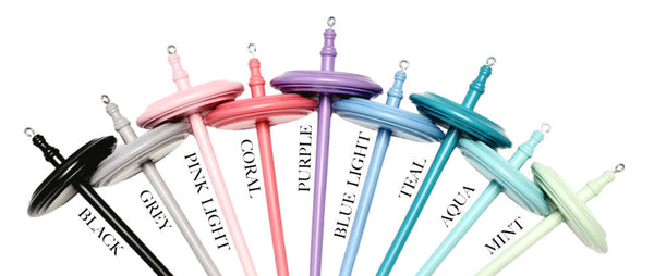 Kromski coloured top-whorl drop spindles in nine labelled colours