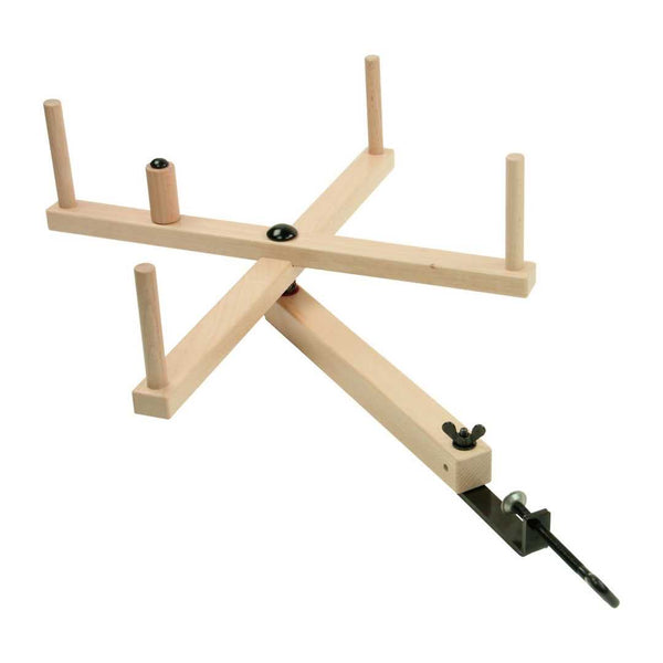 Louet stand-alone skeinwinder clamped to a table