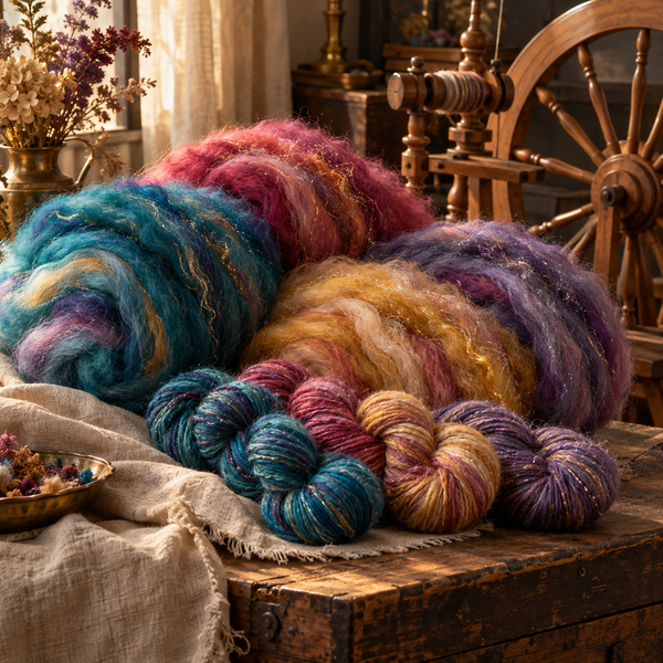 Jewel-toned hand-carded fibre batts, handspun yarn skeins and a traditional wooden spinning wheel