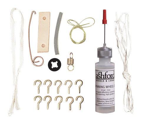 Ashford spinning wheel maintenance kit with oil, bands, hooks and small parts